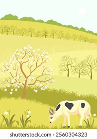 vector drawing spring landscapes with cow, snowflake flowers, sun and flowering tree, hand drawn illustration