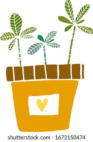 Dibujo vectorial de brotes en una olla. Esbozo en color, hecho a mano. Excelente idea para una postal , calendario, invitación de vacaciones, papel envolvente. Adecuado para hacer recetas, marcos, diarios.