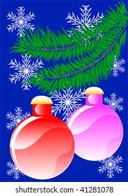 Vector drawing of spruce branches with Christmas toys in the background of snow