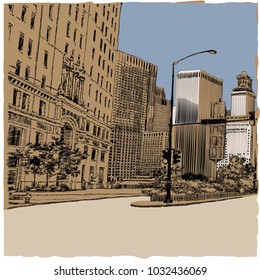 Vector drawing of a square in a big city