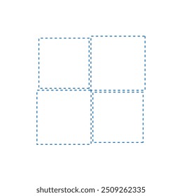 Vektorgrafik von Quadraten. Vier Quadrate auf weißem Hintergrund, gepunktete Linienfarbe blau, flach