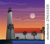 Vector drawing of St. Marks Lighthouse in St. Marks Wildlife Refuge in Wakulla County, Florida. It stands at where the St. Marks River meets Apalachee Bay. Silhouettes of Palm trees line the structures in the colorful evening sunset.
