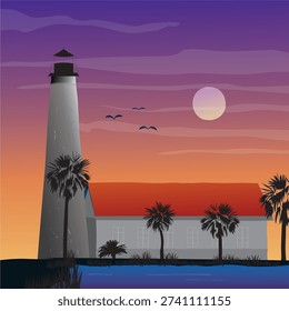 Vector drawing of St. Marks Lighthouse in St. Marks Wildlife Refuge in Wakulla County, Florida. It stands at where the St. Marks River meets Apalachee Bay. Silhouettes of Palm trees line the structures in the colorful evening sunset.