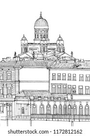 Vector drawing of St. Nicholas Cathedral in Helsinki. Finland is a Lutheran cathedral or dome. City architecture