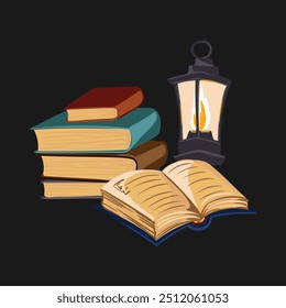 vector drawing stack of books and kerosene lamp at night, hand drawn illustration