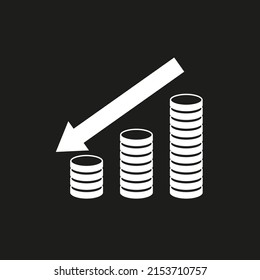 Vector drawing of a stack of coins with an arrow. Coin chart icon, color white flat style