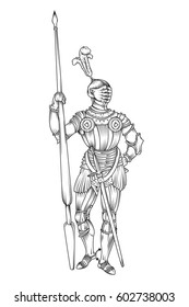 Vector drawing of a  Standing Knight / Easy to edit layers and groups, easy to isolate objects, No effects blends or transparencies used, easy to colourize with background shape objects. 