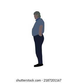 Vector drawing of a standing man in summer clothes. An elderly man with a big belly. Flat image. City infographic