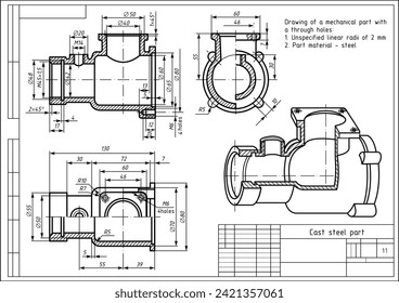 Vektorzeichnung eines mechanischen Teils aus Stahlguss mit Durchlauflöchern
und Abmessungslinien.
Ingenieurskataster-Schema. Technische Vorlage. 3D-Modell. Querschnitt.