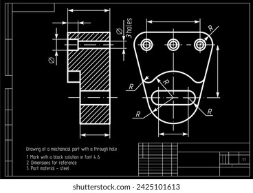 Dibujo vectorial de una pieza mecánica de fundición de acero con orificios pasantes
y líneas de cota.
Esquema de tarjeta de ingeniería. Plantilla técnica.