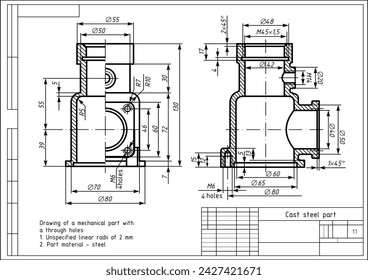 Vektorzeichnung eines mechanischen Teils aus Stahlguss mit Durchgangslöchern
und Maßlinien.
CAD-Konstruktionsschema. Technische Vorlage. 3D-Modell. Querschnitt.