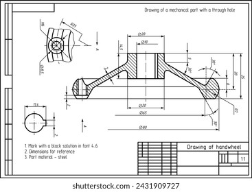 Vector drawing of steel cast mechanical part with through holes
and dimension lines.
Engineering cad scheme. Technical template of handwheel.  Cross section.