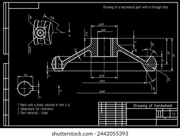 Vector drawing of steel cast mechanical part with through holes
and dimension lines.
Engineering cad scheme. Technical template of handwheel. 
Cross section.