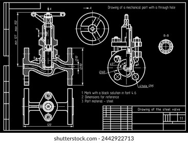 
Vector drawing of a steel cast mechanical part with through holes
and dimension lines.
Engineering cad scheme. Technical template of valve. Cross section.