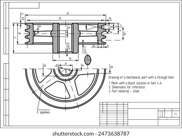 Vector drawing of steel cast mechanical part
(toothed round wheel with spokes) with through holes
and dimension lines.
Engineering cad scheme. Technical template of valve. Cross section.