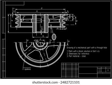 
Vector drawing of steel cast mechanical part
(toothed round wheel with spokes) with through holes
and dimension lines.
Engineering cad scheme. Technical template of valve. Cross section.