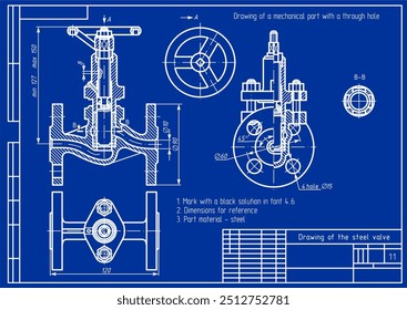 Dibujo de Vector de pieza mecánica de fundición de acero con orificios pasantes
y líneas de cota.
Esquema de la tarjeta de ingeniería. Ordenador técnico 
Plantilla de la válvula. Sección transversal.