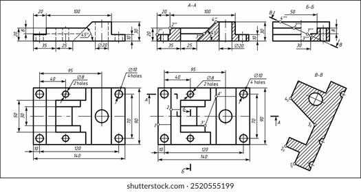 Desenho vetorial de peça mecânica de fundição de aço com furos
e linhas de dimensão.
Esquema de cartão de computador de engenharia. Modelo técnico 
em folha de papel branca.