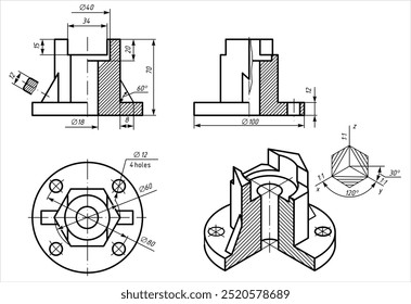 Vector drawing of steel cast mechanical part with through holes
and dimension lines.
Engineering computer cad scheme. Technical template 
on white sheet of paper. 3d model.