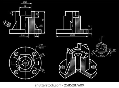 Vector drawing of steel cast mechanical part with through holes
and dimension lines.
Engineering computer cad scheme. Technical educational template 
on sheet of paper. 3d model.