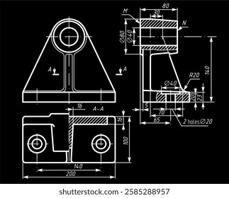 Vector drawing of steel cast mechanical part with through holes
and dimension lines.
Engineering computer cad scheme. Technical 
education template 
on sheet of paper. 3d model. Assembly design.