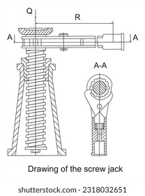 Dibujo vectorial de un dispositivo mecánico de acero (jack de tornillo). Esquema de cad de ingeniería. Antecedentes técnicos.