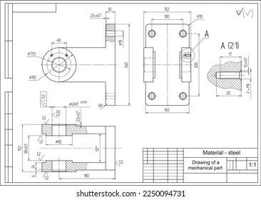 Vector drawing of a steel mechanical part with through holes.
Engineering CAD scheme.