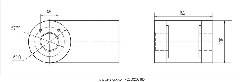 Vector drawing of a steel mechanical part with through holes. Engineering CAD scheme.