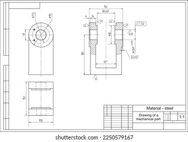 Vector drawing of a steel mechanical part with through holes. Engineering CAD scheme.
