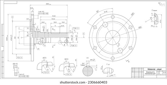 Vector drawing of a steel mechanical part with through holes.
Engineering CAD scheme. Steel shaft.