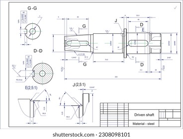 Vector drawing of a steel mechanical part with through holes.
Driven shaft. Engineering cad scheme. Mechanical background.
