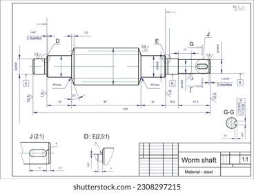 Dibujo vectorial de una pieza mecánica de acero con orificios.
Eje de gusano. Esquema de cad de ingeniería. Fondo mecánico.