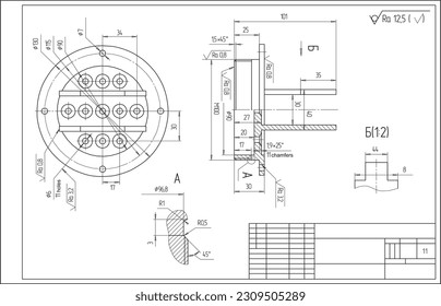 Vector drawing of a steel mechanical part with through holes.
Engineering cad scheme. Technical background.