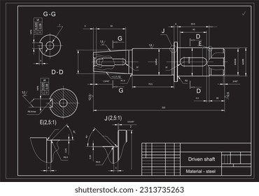 Vector drawing of a steel mechanical part with through holes.
Driven shaft. Engineering cad scheme. Mechanical background.