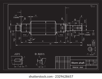 Dibujo vectorial de una pieza mecánica de acero con orificios.
Eje de gusano. Esquema de cad de ingeniería. Fondo mecánico.