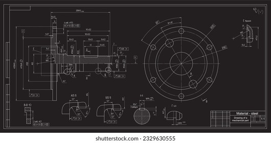 Vector drawing of a steel mechanical part with through holes. Engineering cad scheme. Steel shaft.