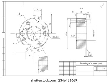 Vector drawing of a steel mechanical part with through holes.
Engineering cad scheme. Technical background.