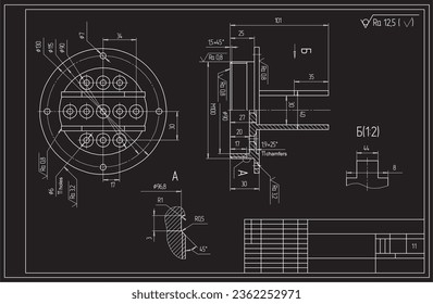 Vector drawing of a steel mechanical part with through holes.
Engineering cad scheme. Technical background.