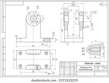 Vektorgrafik eines mechanischen Stahlteils mit Durchlauflöchern.
Ingenieurskataster-Schema. Mechanischer Hintergrund.