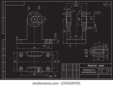 Vector drawing of a steel mechanical part with through holes.
Engineering cad scheme. Mechanic background.