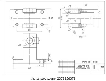 Vector drawing of a steel mechanical part with through holes.
Engineering cad scheme. Mechanic background.