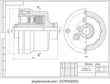 Dibujo vectorial de una pieza mecánica de acero con orificios,
 conexiones y subprocesos bloqueados.
Esquema de cad de ingeniería. Fondo mecánico.