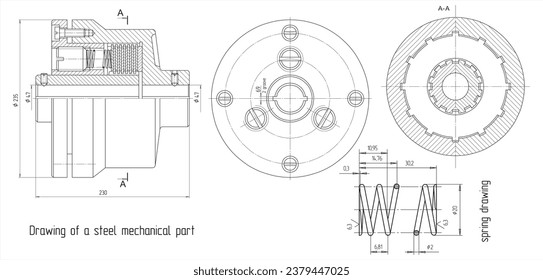 Vector drawing of a steel mechanical part with spring, through holes,
 bolted connections and threads.
Engineering cad scheme. Mechanic background.