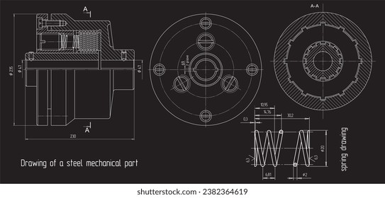 Vector drawing of a steel mechanical part with spring, through holes,
 bolted connections and threads.
Engineering cad scheme. Mechanic background.