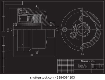 Vector drawing of a steel mechanical part with spring, through holes,
 bolted connections and threads.
Engineering cad scheme. Mechanic background.