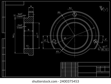 Dibujo vectorial de una pieza mecánica de acero con orificios. Esquema de cad de ingeniería. Fondo mecánico.