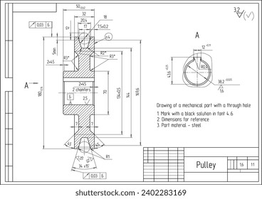 Vector drawing of a steel mechanical part with through holes
and dimension lines.
Engineering cad scheme. Steel pulley.