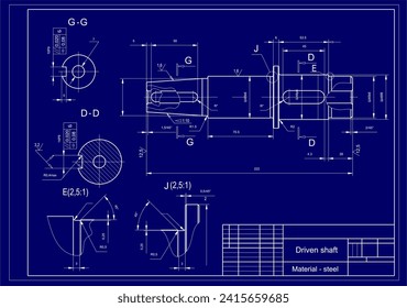 Dibujo vectorial de una pieza mecánica de acero con orificios.
Eje conducido. Esquema técnico de cad.  Fondo mecánico.