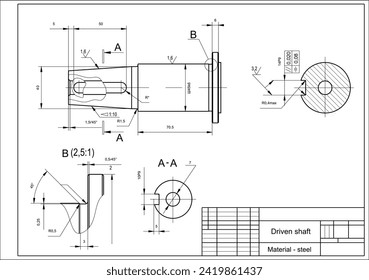 Dibujo vectorial de una pieza mecánica de acero con orificios.
Eje conducido. Esquema técnico de cad. Fondo mecánico.