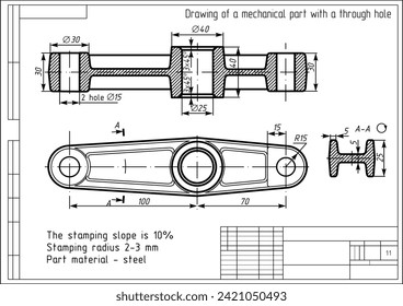 Dibujo vectorial de una pieza mecánica de acero con orificios
y líneas de dimensión. Esquema de cad de ingeniería. Plantilla técnica.